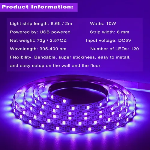 Vista 2 de Tiras de luz LED negras de 6.6 pies, 120 perlas de lámpara, kit de tira de luz negra LED con cable USB de 1.5 m, tira de luz Blacklight flexible