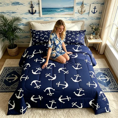 Vista 60 de Juego de edredón Lake Home Camper tamaño King, juego de ropa de cama náutica con ancla para niños, niñas, niños, adultos, decoración de dormitorio