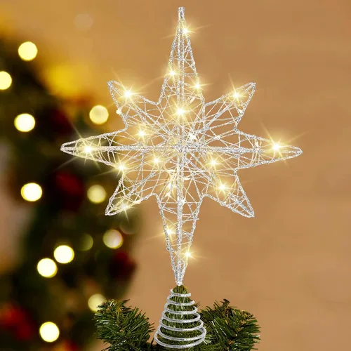 Vista 11 de DULEFUN Estrella LED de 11.8 Pulgadas para la Punta del Árbol - Adorno de Metal Dorado con 20 Luces para Decoración de Árbol de Navidad y Decoración