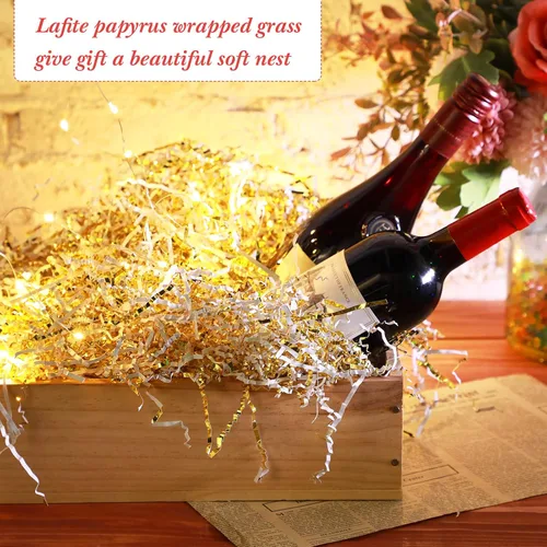 Vista 7 de Outus Papel de corte arrugado dorado y blanco de 1 libra, papel triturado para cesta de regalo, papel de hierba de graduación para Navidad, caja