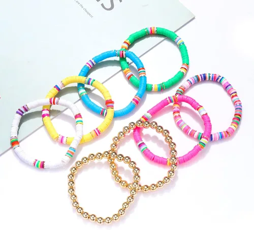 Vista 46 de Surfer Heishi - Pulseras apilables para mujer, apilables, de vinilo arcoíris, disco de arcilla, pulseras elásticas para la amistad, joyería bohemia