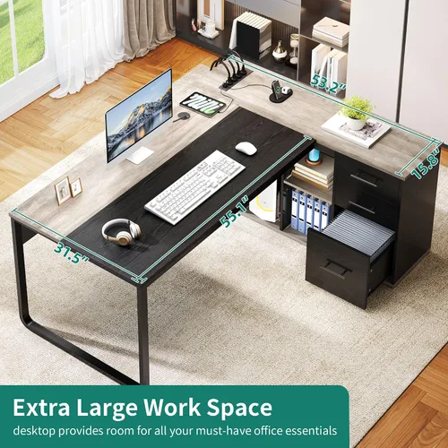 Vista 4 de YITAHOME Escritorio ejecutivo con tomas de corriente, escritorio en forma de L de 71 pulgadas con archivador, escritorio ejecutivo con cajones