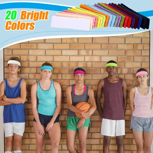 Vista 2 de Jiuguva 240 diademas deportivas a granel para mujeres y hombres, coloridas diademas elásticas suaves de los años 80 y 90, bandas elásticas que