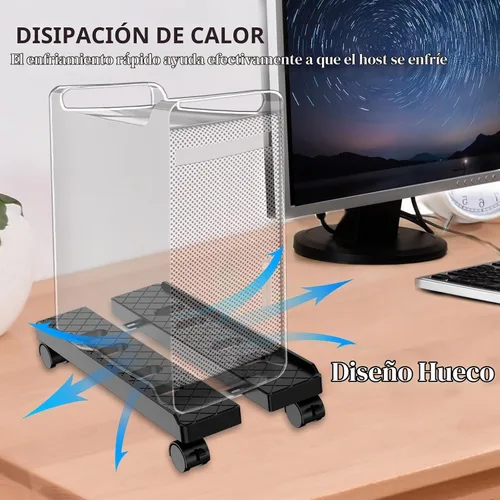 Vista 6 de Soporte de CPU móvil ajustable, Soporte de torre de computadora ventilado con 4 ruedas con rodamientos se adapta a la mayoría de torres de PC