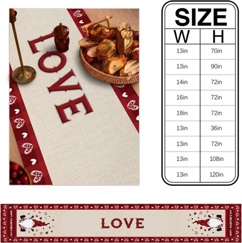 Vista 6 de Camino de mesa para decoración del día de San Valentín, diseño de gnomo, corazón, rojo, a cuadros, búfalo, algodón, lino, decoración de mesa