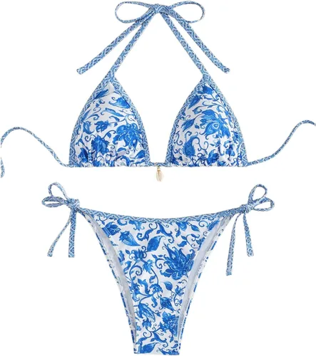 Vista 16 de WDIRARA Traje de baño de dos piezas para mujer estilo boho con estampado floral, conjunto de bikini halter con tiras en forma de triángulo