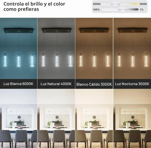 Vista 2 de Luces colgantes para isla de cocina con control remoto, níquel cepillado regulable y cilindro transparente, luces colgantes de cocina de altura