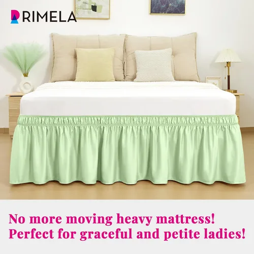 Vista 2 de Falda de cama RIMELA tamaño Queen color verde bebé con caída de 15 pulgadas, falda elástica envolvente, volante que protege contra el polvo