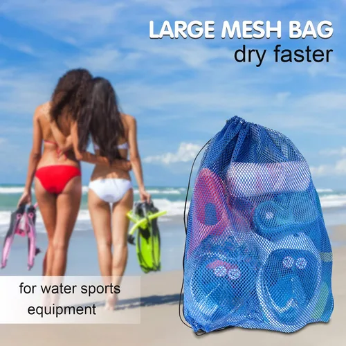 Vista 2 de 3 Pack Mesh Dive Bags 19" x 27" Drawstring Snorkel Gear Bags, Black Blue 100% polyester mesh with reinforced 600D trim for fast drainage, airflow