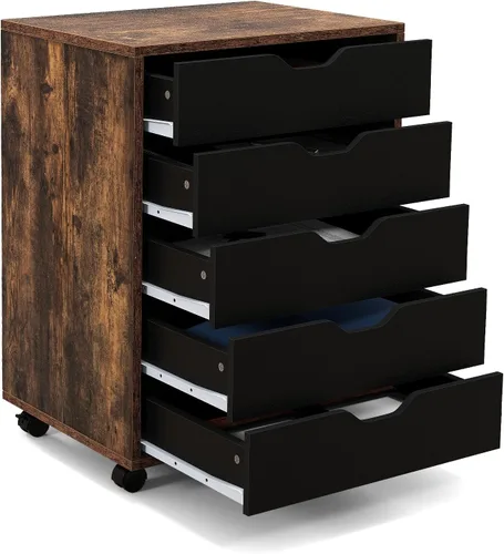 Vista 14 de Archivador negro con 4 cajones y 2 puertas Organizador de almacenamiento móvil para debajo del escritorio, soporte de impresora de madera sobre