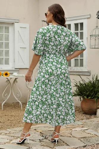 Vista 4 de Keluummi Vestido de verano para mujer, casual, bohemio, floral, manga 34, cintura imperio, escalonado, vestido de invitada de boda con bolsillo