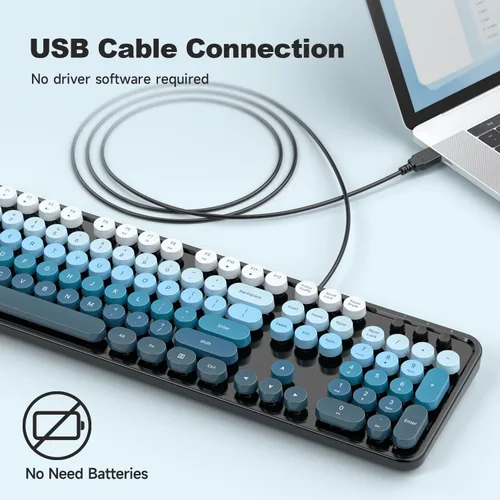 Vista 2 de MOFII Teclado de máquina de escribir con cable, tamaño completo, USB Plug and Play, teclado redondo retro con soportes plegables para PC, laptop