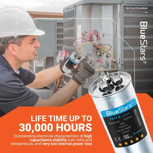 Vista 9 de [Certificado UL] BlueStars 70/7.5 uF 70+7.5 MFD 370 o 440 voltios VCA Condensador redondo de doble funcionamiento, compatible con aire acondicionado