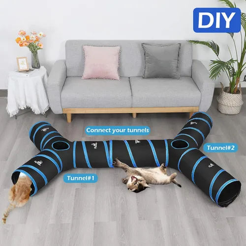Vista 3 de Pawaboo Tubo de túnel para gatos - Túneles de 3 vías 25x53cm Extensible plegable Tienda de juego interactiva Juguetes laberinto Casa Cama con bolas