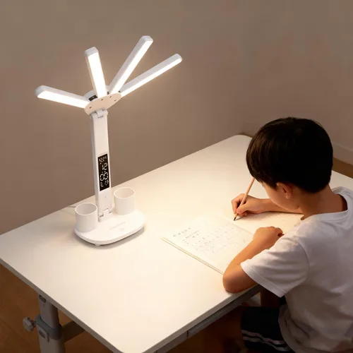 Vista 6 de Lámpara de escritorio LED con reloj, lámpara de estudio plegable, 3 modos de iluminación, lámpara de mesa regulable para cuidado de los ojos
