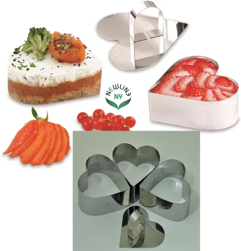 Vista 6 de Anillos de postre de acero inoxidable (4 piezas) Ensaladas moldeadas en forma de corazón, moldes de mousse para pasteles, cortador de capas