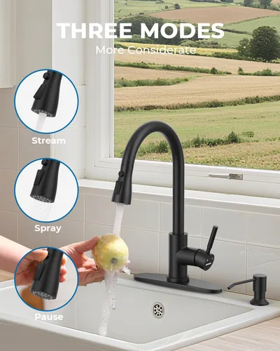 Vista 4 de WEWE Grifo de cocina con dispensador de jabón y rociador extraíble, grifo clásico de acero inoxidable de 3 modos para autocaravana, negro mate