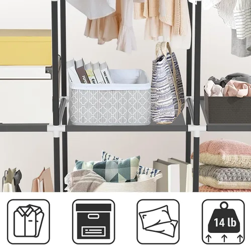 Vista 7 de LOKEME Armario portátil, armarios portátiles para colgar ropa con 3 varillas para colgar y 6 estantes de almacenamiento y 4 bolsillos laterales