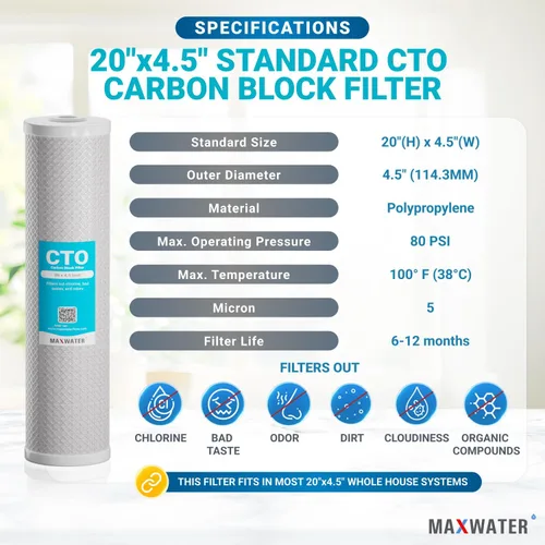 Vista 2 de Max Water Cartucho de filtro de bloque de carbono CTO de 20 x 4.5 micrones, reemplazo de filtro de agua para toda la casa compatible con FC25B