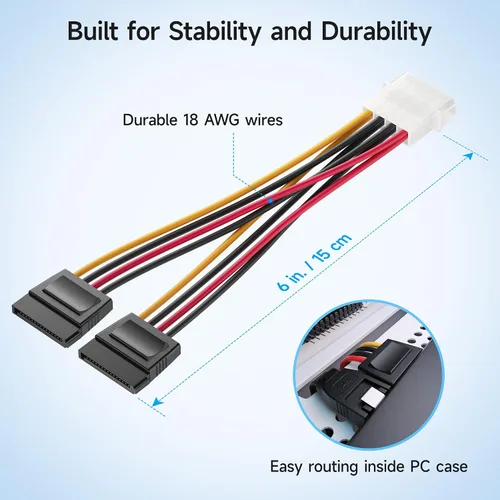 Vista 4 de Cable Matters Paquete de 3 adaptadores de cable en Y de alimentación Molex a SATA dual de 4 pines, cable divisor de alimentación SATA LP4 de 6