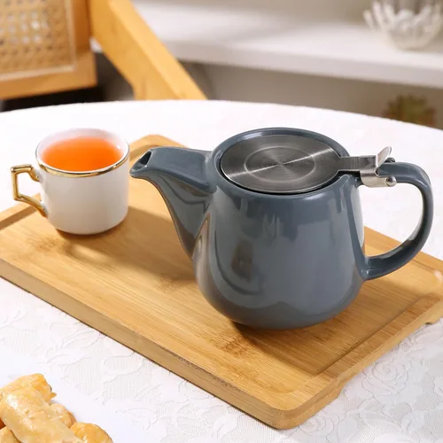 Vista 6 de Tetera de cerámica con infusor de acero inoxidable, resistente al calor, perfecta para hacer té, tetera gris 500ml/17oz