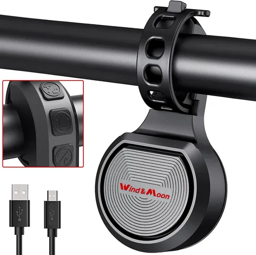 Vista 8 de Wind&Moon Timbre de bicicleta eléctrica, alarma antirrobo ajustable de 80-130 DB, IPX6 impermeable con bocina de scooter recargable USB, campana