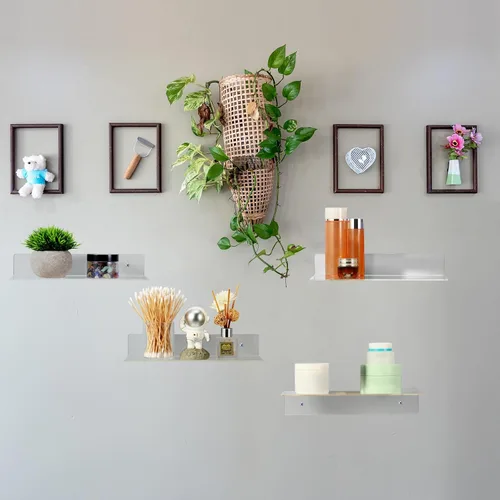 Vista 5 de Blulu 8 estantes flotantes de acrílico, estante invisible montado en la pared para libros, plantas, imágenes, maquillaje, discos, exhibición en sala