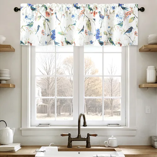 Vista 19 de Leeva - Cortinas pequeñas con estampado de pájaros, 24 pulgadas de largo, conjunto de paneles para ventanas, diseño de estampado de pájaros