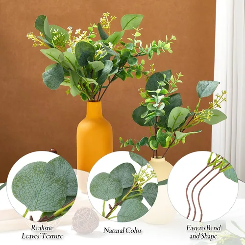 Vista 3 de Yunsailing 100 tallos de eucalipto sintético con semillas blancas, hojas de eucalipto artificiales, decoración de ramas de hojas falsas para ramos