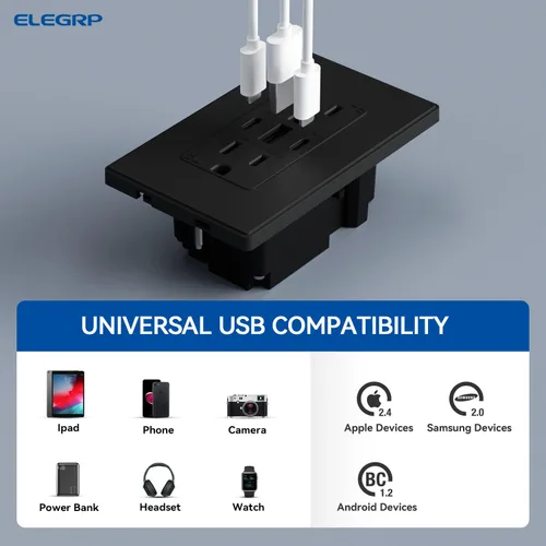 Vista 5 de ELEGRP Tomacorrientes USB, 30 W 6.0 Amp USB C, toma de pared USB de 3 puertos, toma de corriente resistente a manipulaciones de 15 amperios con 2
