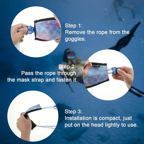 Vista 3 de Funda de neopreno para máscara de buceo, correas reflectantes para máscara de buceo, protector de cabello para máscaras de buceo y esnórquel
