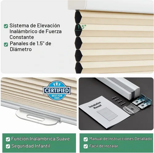Vista 2 de Tonature Persianas Celulares de Tamaño Personalizado para Ventanas Cortinas Blackout sin Cordón Persianas Enrollables Protección UV Aislamiento Beige