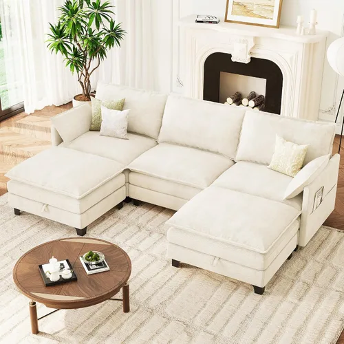 Vista 24 de Sofá modular moderno en forma de L de 106 pulgadas, sofá nube de felpilla con otomana de almacenamiento, sofás de asiento profundo con bolsillo Verde