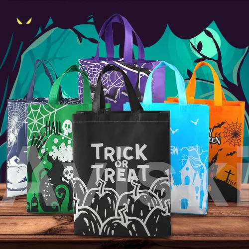 Vista 7 de Aviski 6 bolsas de Halloween para dulce o truco, no tejidas grandes bolsas de regalo con asas para envolver regalos, suministros de fiesta, 15 x
