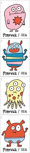 Vista 3 de USPS Sellos postales de primera clase con mensaje de Monstruos para siempre 2021, temática lúdica, cumpleaños, compromiso, nuevo trabajo, fiesta