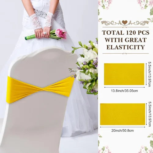Vista 2 de Frienda 120 cintas elásticas de elastano para silla, bandas elásticas para fundas de silla, lazos sin hebilla para bodas, recepciones, eventos, Oro