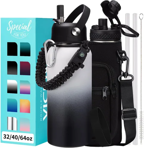 Vista 37 de Botellas de agua de 32 onzas aisladas con pajita y tapa para beber de un sorbo, asa de paracord, bolsa de transporte con correa, termo de triple