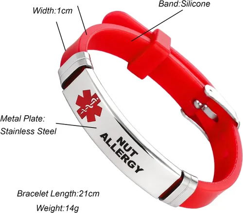 Vista 2 de TGLS Pulsera de identificación de alerta médica roja para mujer, acero inoxidable, para primeros auxilios de emergencia, alerta de salud, pulsera