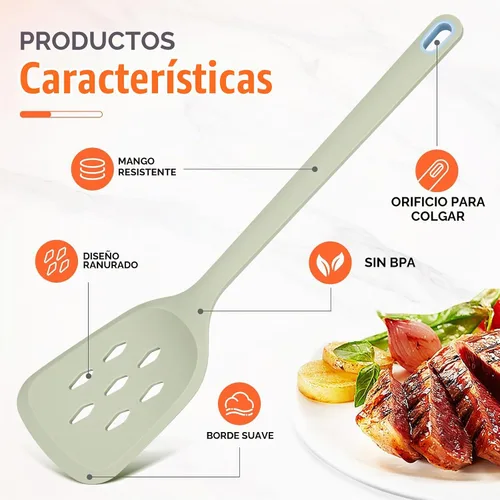 Vista 4 de Juego de 7 utensilios de silicona grandes para cocinar, sin BPA Verde