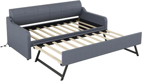 Vista 8 de Sofá cama individual con nido, sofá cama de tapicería con diseño de carga USB, nido puede ser plano o erigido, gris