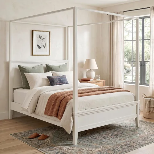 Vista 52 de Cama de plataforma con dosel de 4 pósteres de tamaño matrimonial con cabecero de listones verticales Negro-8.1