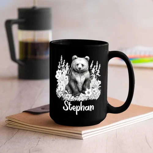 Vista 4 de Taza de café negra con diseño de oso de lápiz personalizada, regalo para los amantes de los osos, mamá y papá, taza de café de oso con dibujos