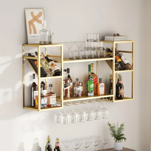 Vista 12 de KaKaBB Estante de vino montado en la pared, estantes de metal de 47 pulgadas de 2 niveles con soporte para vidrio, capacidad para 30 botellas y de 6