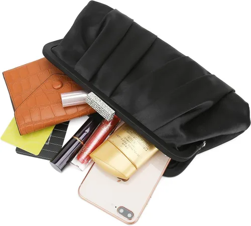 Vista 6 de CHARMING TAILOR Bolso de embrague clásico plisado de satén adornado con diamantes para bodas, bailes, eventos de corbata negra