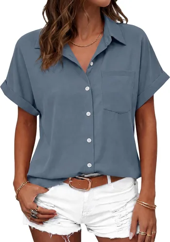 Vista 31 de Beautife Camisas con botones para mujer, blusas de manga corta Albaricoque