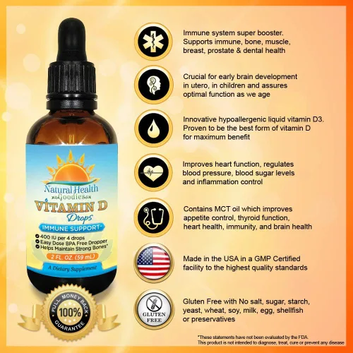 Vista 6 de Gotas de vitamina D para bebés, niños y adultos, líquido puro D3, cuentagotas de dosis fácil, suministro de 2 onzas de Natural Health Goodies