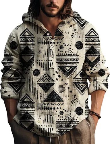 Vista 8 de Sudadera con capucha para hombre, con estampado azteca de otoño, de gran tamaño, manga larga, casual, con capucha
