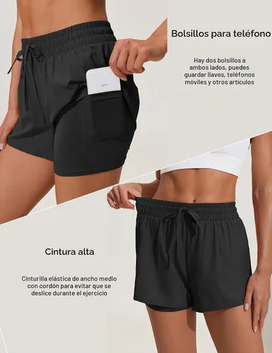 Vista 4 de PINSPARK - Pantalones cortos de cintura alta para mujer, de secado rápido, con bolsillo, para el gimnasio Negro