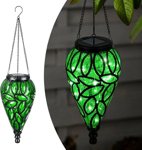 Vista 8 de Farol colgante solar para exteriores, 15 luces LED en forma de lágrima, luces colgantes blancas frías con ganchos en S decoración en jardín, patio