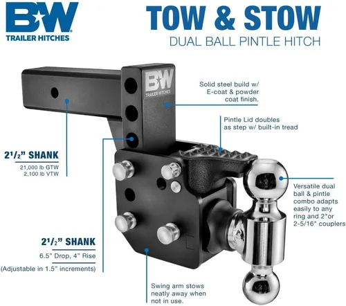 Vista 2 de B&W Trailer Hitches Enganche de Remolque de Doble Bola Pintle Tow & Stow - Se adapta a receptor de 2.5", bola doble (2" x 2-5/16"), caída de 6.5